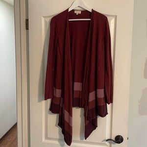 Sweater Weather! Mod Cloth 1x burgundy striped mid-length, open front cardi.